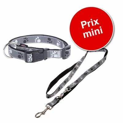 Lot : Collier + Laisse Trixie Silver Reflect, Motif De Pattes Pour Chien 1 Lot : Collier + Laisse Trixie Silver Reflect, Motif De Pattes Pour Chien